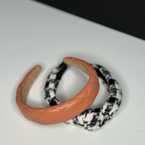 Quilted Tan Leather and Black-White Tweed Padded Headband Set